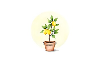 Lemon tree in pot with green leaves. Ripe lemons isolated. Vector illustration on a white background. Flat style.