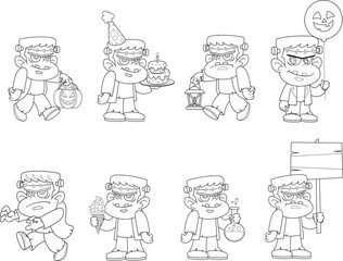 Outlined Cute Halloween Monster Cartoon Character. Vector Hand Drawn Collection Set Isolated On Transparent Background