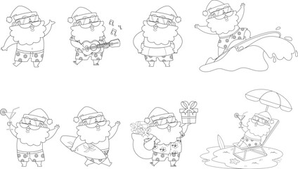 Outlined Summer Santa Claus Cartoon Character. Vector Hand Drawn Collection Set Isolated On Transparent Background