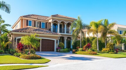 Obraz premium Luxury home exterior in a gated community - Focusing on luxury homes within gated communities, emphasizing security, exclusivity, and the cohesive aesthetic of high-end neighborhood living.