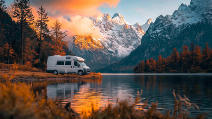 Serene Landscape Featuring a Camper Van Parked Beside a Tranquil Lake at Sunset, Mountainous Background