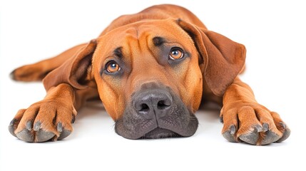 Obraz premium Relaxed Dog Lying on White Background