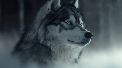 Naklejka premium A wolf with piercing blue eyes stands in a misty forest, its fur blending with the shadows.