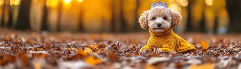 A small dog wearing a yellow sweater sits in a bed of autumn leaves.