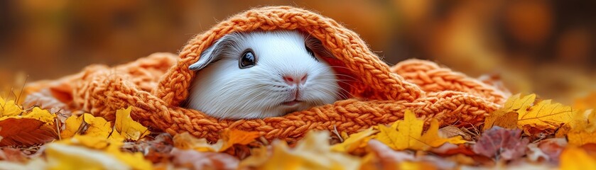 A white guinea pig snuggles in a cozy orange knit blanket amidst autumn leaves.