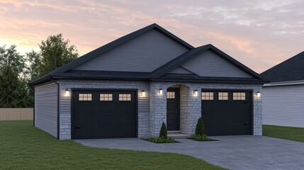 A contemporary home exterior with smooth gray wood siding, stone accents, and garage doors framed by soft, warm lighting at dusk.