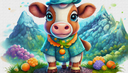 Fototapeta premium oil painting style CARTOON CHARACTER illustration CUTE BABY cow isolated on white background, top view. side front view