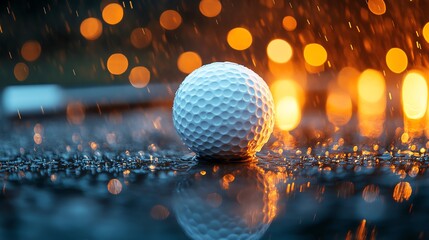 A golf ball sits on wet ground with blurred background of rain and lights.