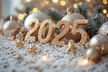 Golden numbers 2025 on blurred background with bokeh lights and christmas ornaments. Happy New Year. Holiday card