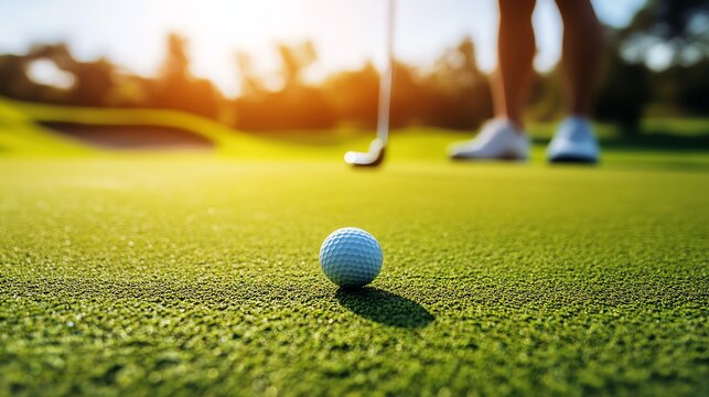 Close-up of a golf ball on a green putting surface with a golfer's legs and club in the background.