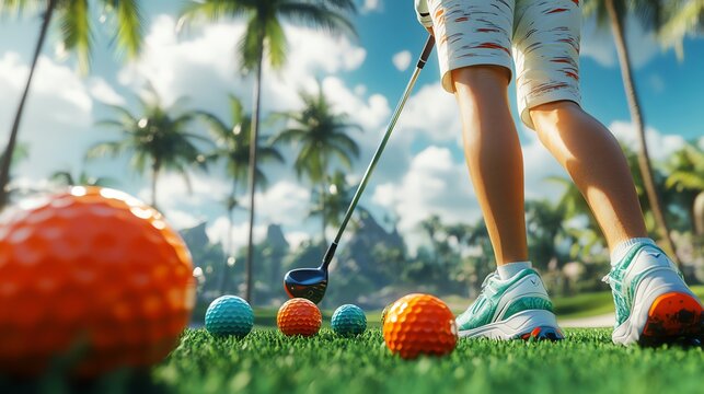 Low angle view of a golfer swinging a club with colorful golf balls on a tropical course.