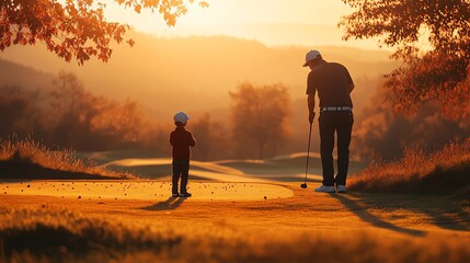 A father and son play golf together on a beautiful autumn day. The sun sets in the background as they enjoy the sport together.