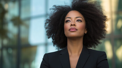 Fototapeta premium Empowered Female Executive with Curly Hair in Corporate Cityscape
