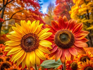 Obraz premium Urban Exploration: Sunflowers Amidst Autumn Foliage for Nature Lovers