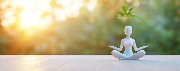 White figure meditating in a serene green and sunlit nature background.