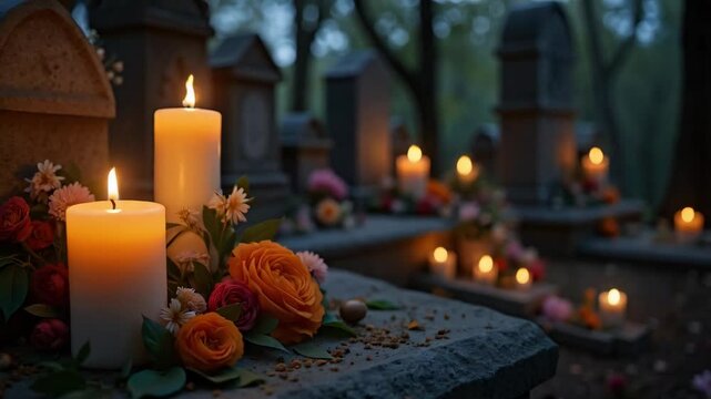 Day of the dead celebration in Mexican cemetery lit with many flickering candles and flower decorations of the gravestones at night 