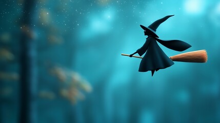 Silhouette of a witch flying on a broomstick through a dark and spooky forest.  as Halloween concept