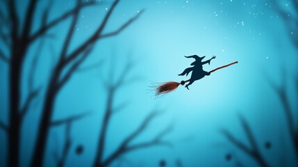Fototapeta premium Silhouette of a witch flying on a broomstick through a dark and spooky forest. as Halloween concept