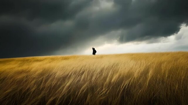 Solitary figure in vast field of golden grass under dramatic sky filled with dark clouds, capturing essence of solitude and beauty of natures landscape.