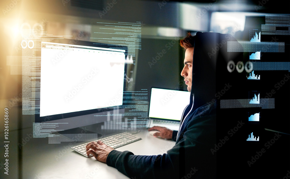 Poster Man, hacker and hologram with computer monitor and virus installation for firewall bypass and hub. Database, overlay and dashboard with digital charts and programming and cyber crime software