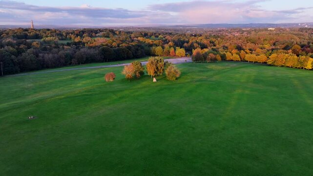 Aerial video of a sunset at Heaton Park, Prestwich - Greater Manchester. 