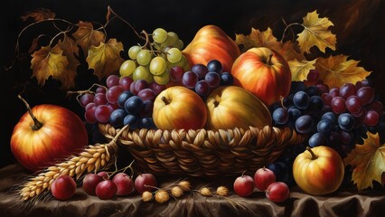 A still life composition featuring a basket of various fruits, leaves, and grains.