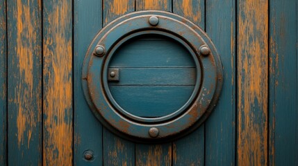 A close-up view of a rusted metal porthole on a wooden wall with peeling blue paint and natural wood texture.