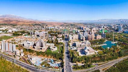 Dushanbe city aerial panoramic view in Tajikistan