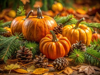 Vibrant Autumn Scene with Pumpkins and Pine Needles for Seasonal Decor