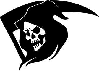 Spooky Halloween Grim Reaper Head Black Silhouette. Vector Hand Drawn Illustration Isolated On Transparent Background