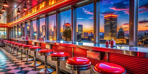A classic American diner featuring a vibrant neon sign, sleek red stools, and a welcoming atmosphere, inviting guests to enjoy delicious comfort food and nostalgic vibes.