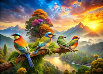 Obraz premium Vibrant Double Exposure of Colorful Birds in Nature for Stunning Visuals
