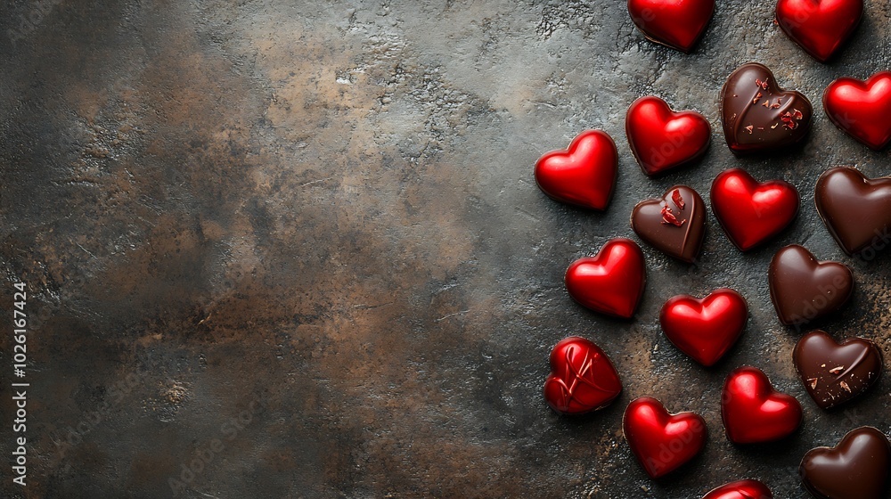 Poster top view of saint valentines day scene featuring an assortment of red heartshaped chocolates scatter