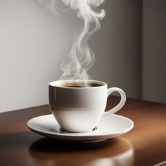 A steaming cup of coffee on a wooden surface, inviting warmth and comfort.
