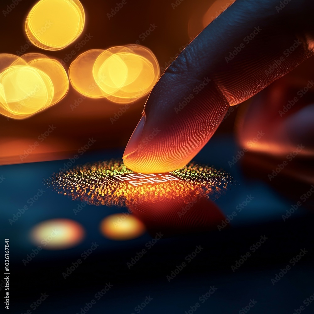 Poster a finger touches a smartphone screen, creating a vibrant, illuminated fingerprint pattern against a 