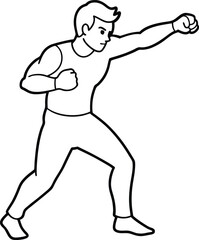 A man punching line drawing vector. Boxing, Kickboxing male player outline in graffiti tags, street art pattern illustration, emblem shield badge. Male athlete boxer single line art illustration.