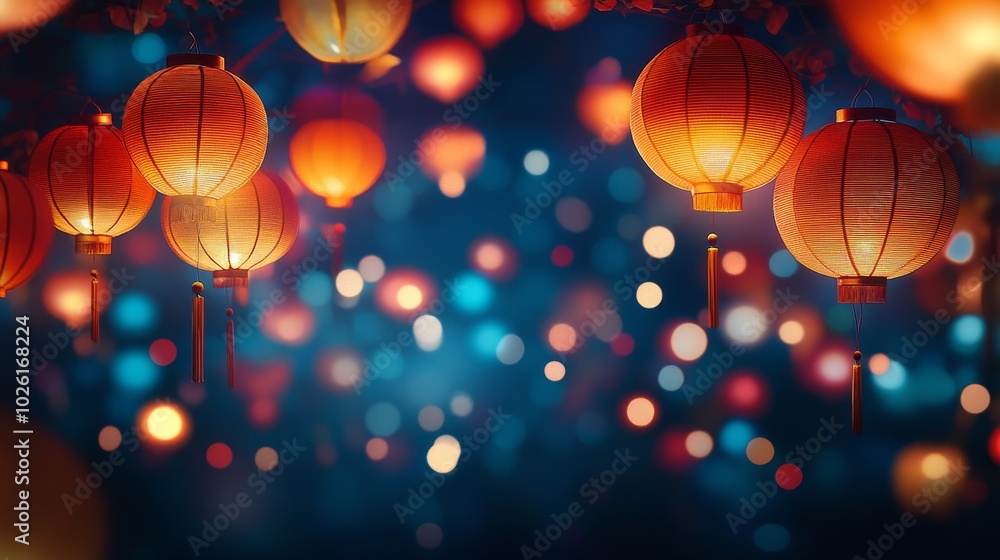 Poster illuminated chinese lanterns hanging with bokeh background