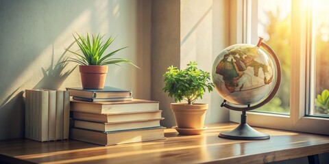 A cozy minimalist study space features textbooks, notebooks, a globe, and potted plants, creating an inviting atmosphere that fosters focus and creativity.