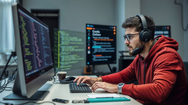 Software developer wearing headphones is developing software in his office
