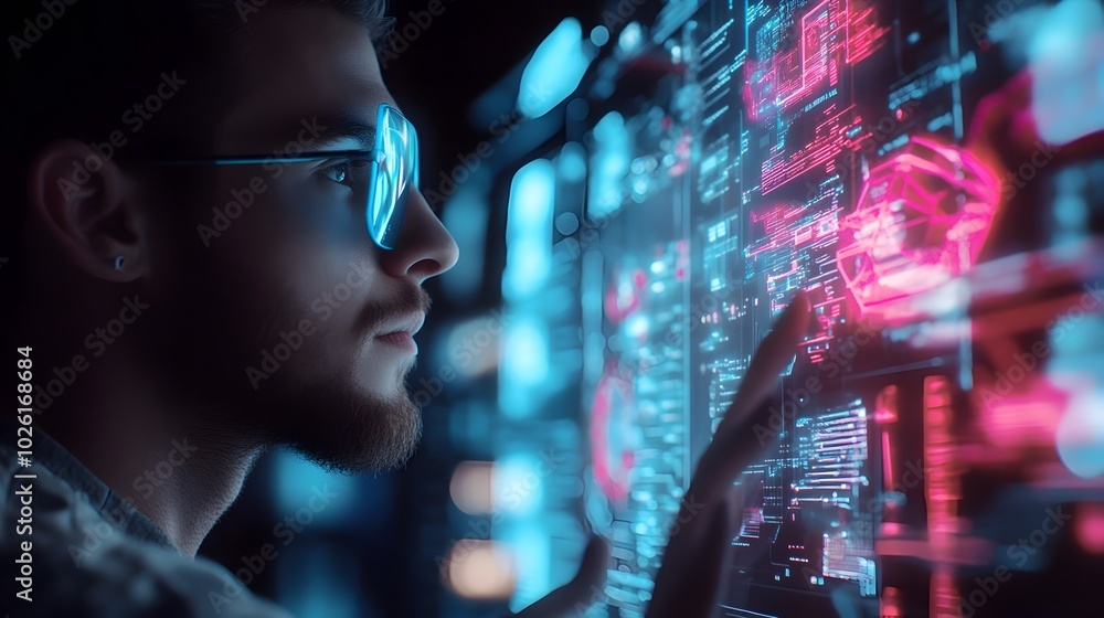 Aufkleber startup founder exploring futuristic digital dashboard with holographic ui