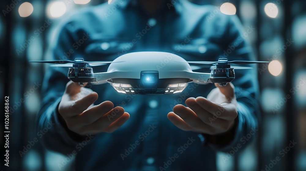 Poster startup founder showcasing futuristic product prototype with innovative tech driven design