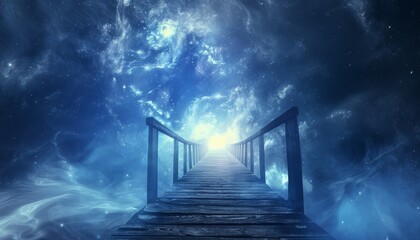 A wooden structure extends toward a bright celestial light