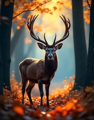 Autumn Stag with Large Antlers and Fallen Leaves	