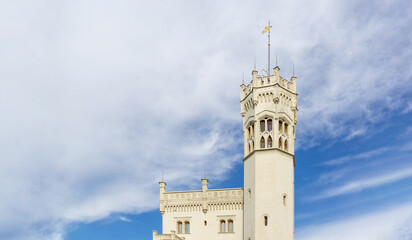 Obraz premium Tower of Oscarshall Palace in Oslo, Bygdoy. Neo-Gothic Architecture in Norway.