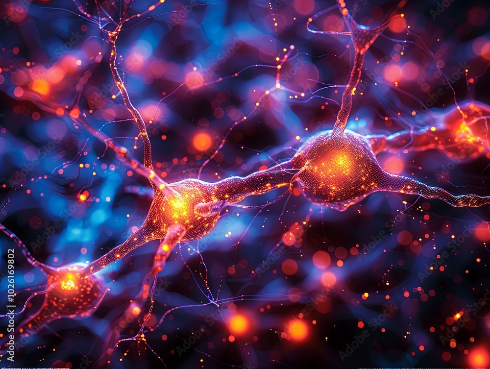 Poster microscopic view of a glowing neuron with intricate axon network