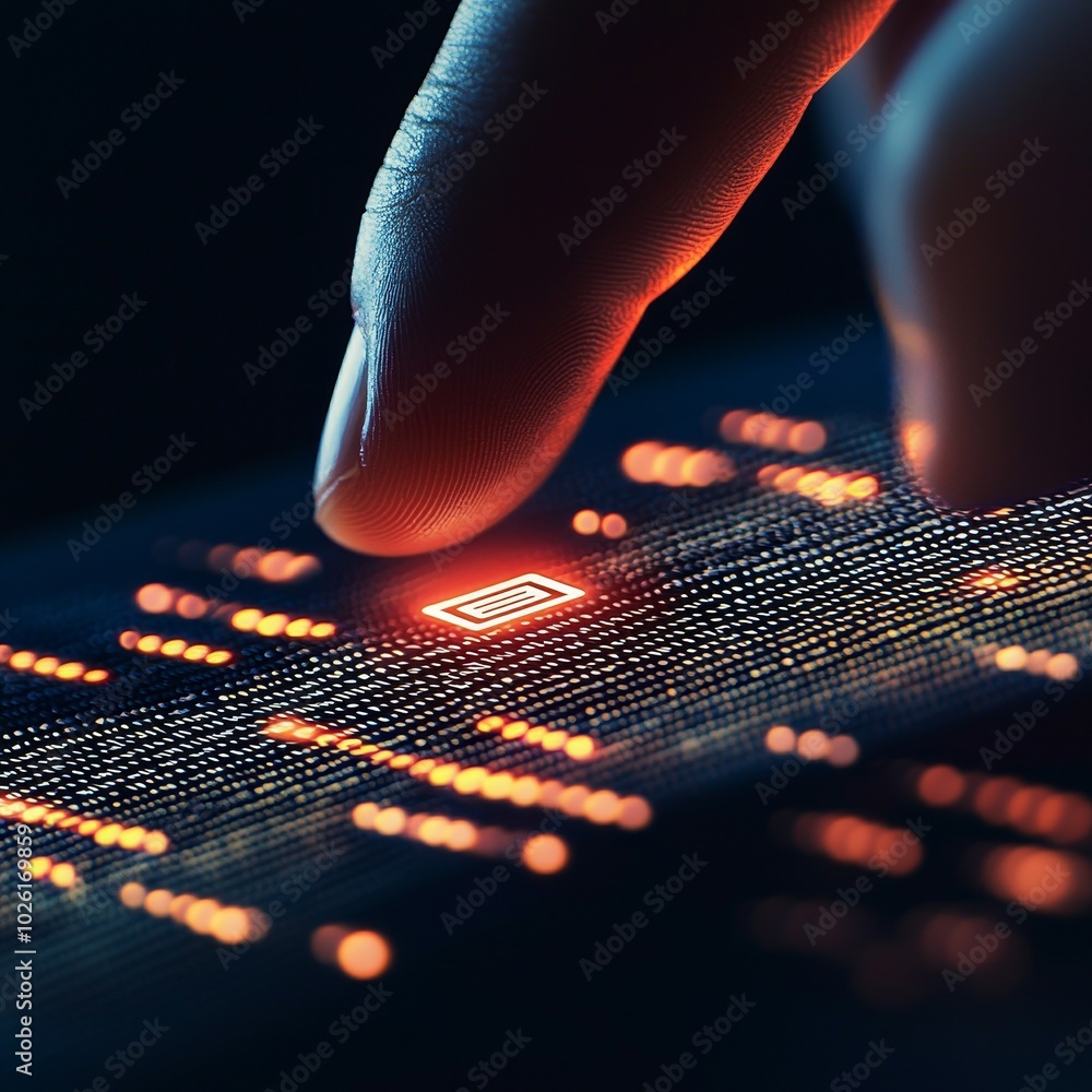 Poster a hand interacts with a glowing digital interface, highlighting a chip among flowing data patterns, 
