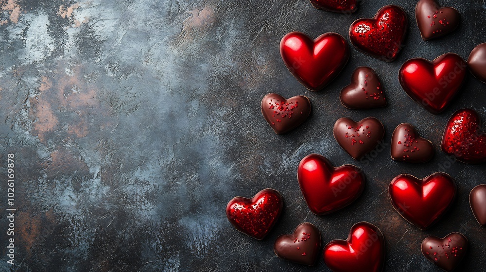 Poster top view of saint valentines day scene featuring an assortment of red heartshaped chocolates scatter