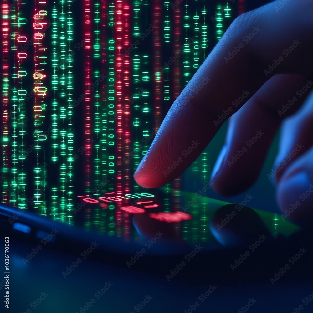 Poster a hand touches a smartphone screen displaying glowing green and red code, resembling digital data st