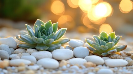 Fototapeta premium Succulents with White Stones and Bokeh Background