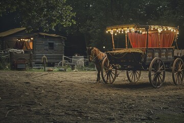 Obraz premium A horse is pulling a wagon with a red curtain on top, generative ai image